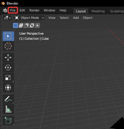 Меню File в Blender, показывающее вкладку File