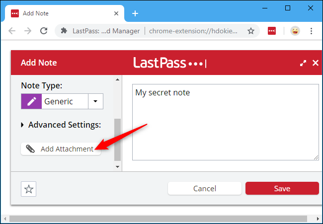 Скриншот прикрепления файла к заметке в LastPass