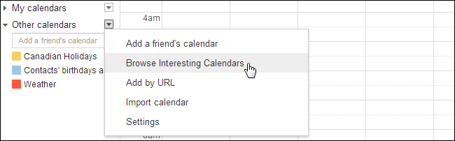 Fenêtre Parcourir les calendriers intéressants dans Google Calendar