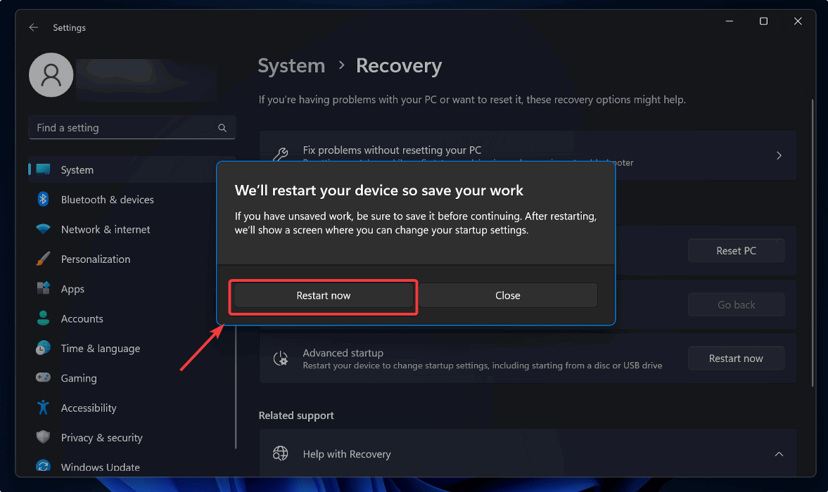 Переход к параметрам восстановления Windows