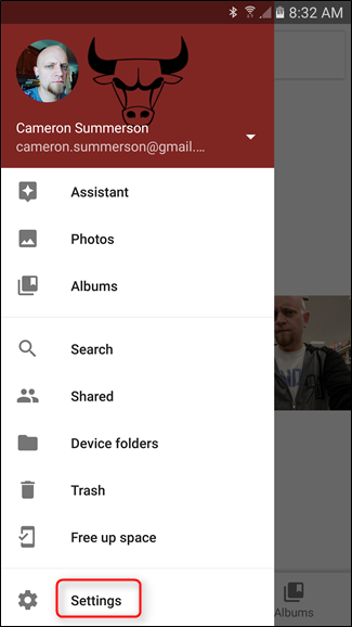 Скриншот настроек Google Photos