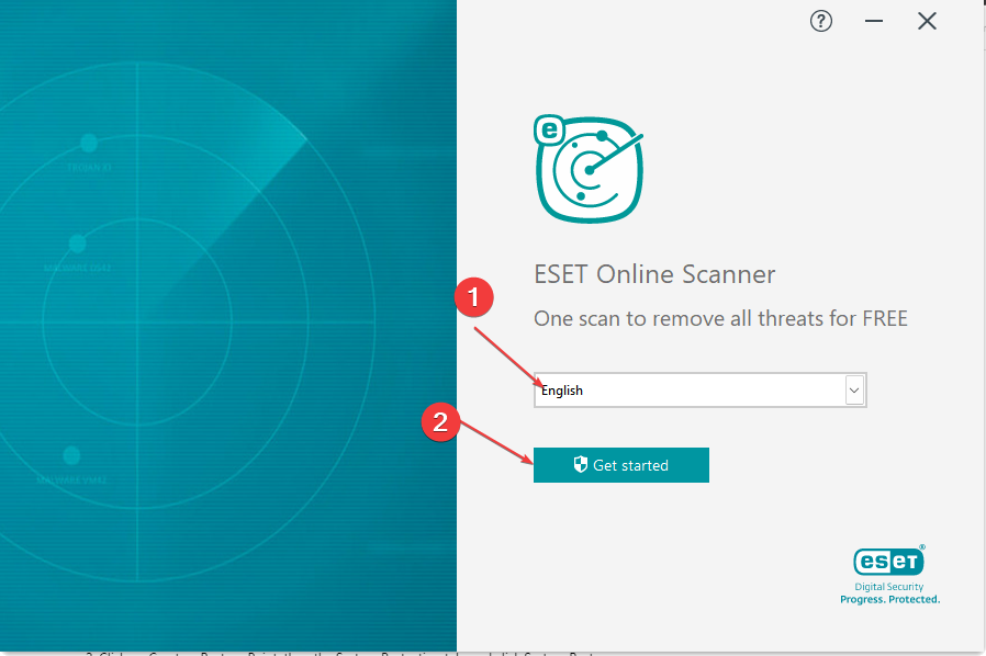 Экран выбора языка в ESET Online Scanner