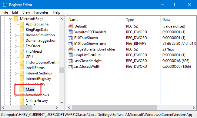 Навигация к ключу реестра Edge