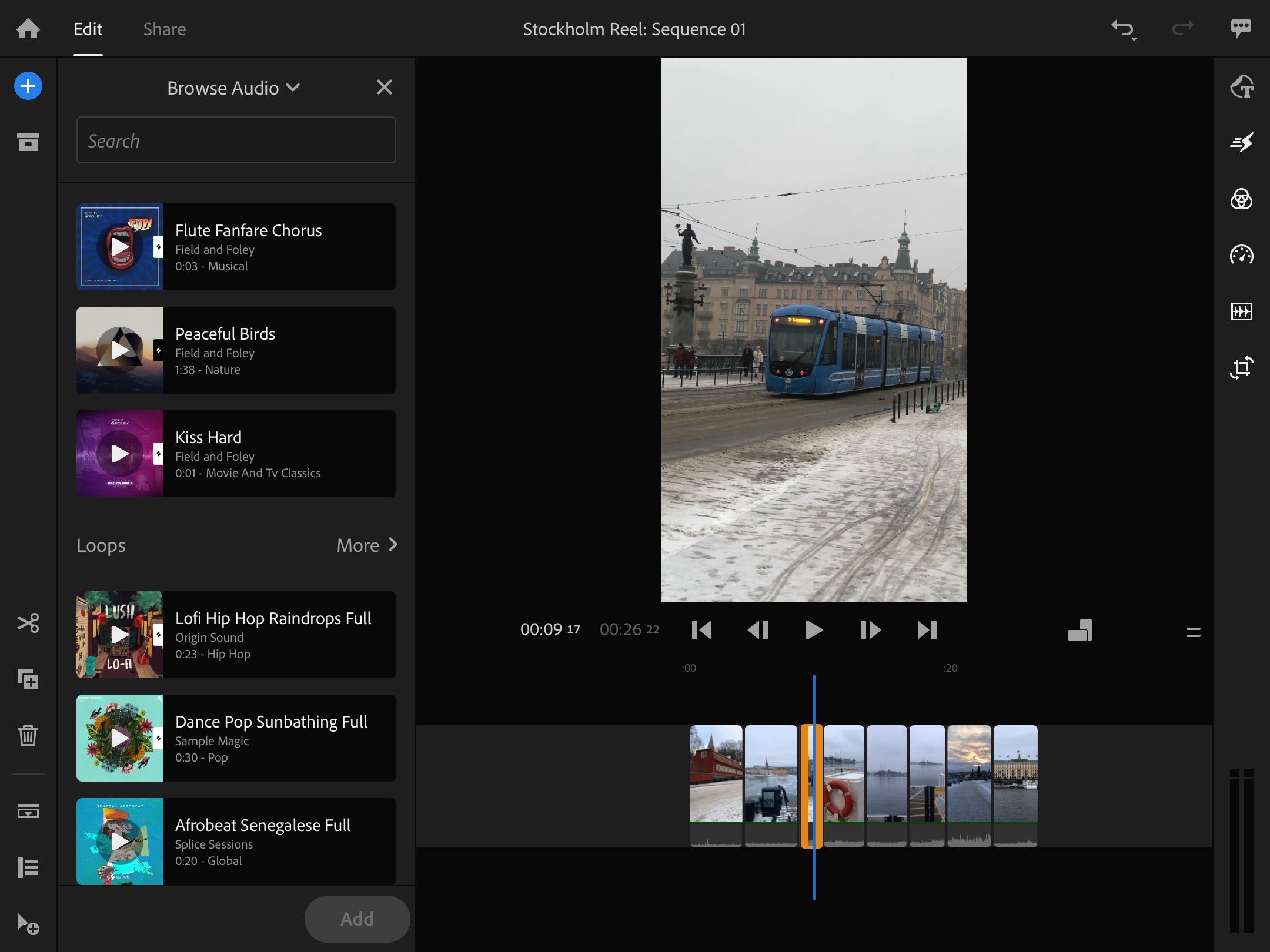 Добавление аудио в Premiere Rush