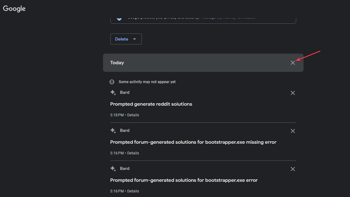 Кнопка удаления (X) рядом с записью активности за день