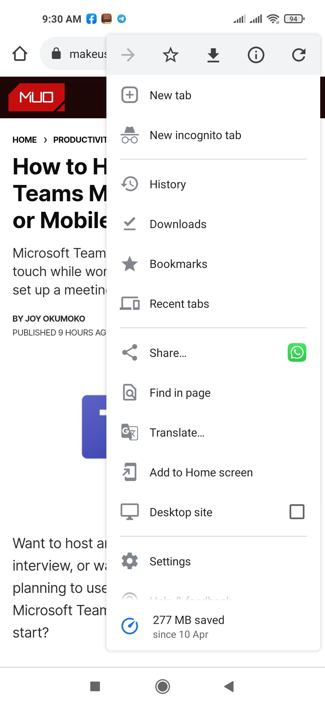 Меню мобильного Chrome