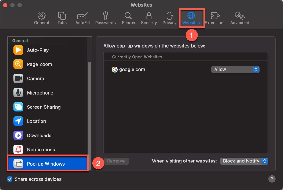 Выбор раздела всплывающих окон в Safari