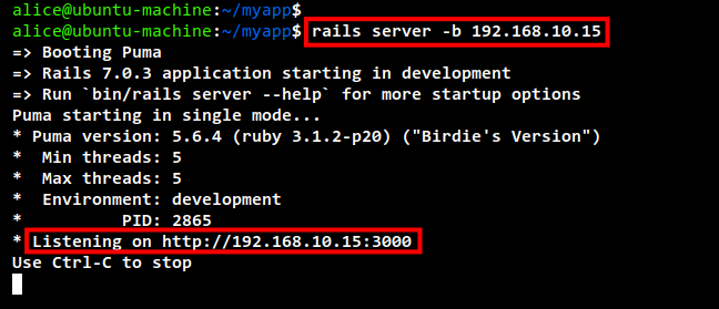 Запущенное Rails‑приложение в development