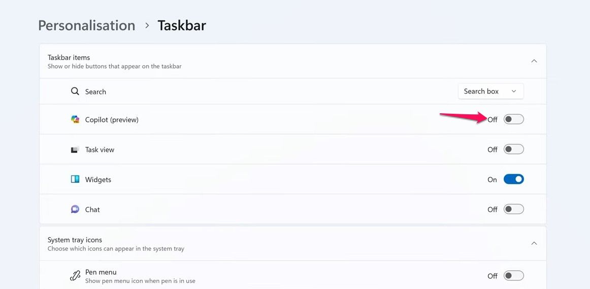 Переключатель Copilot в приложении «Параметры»