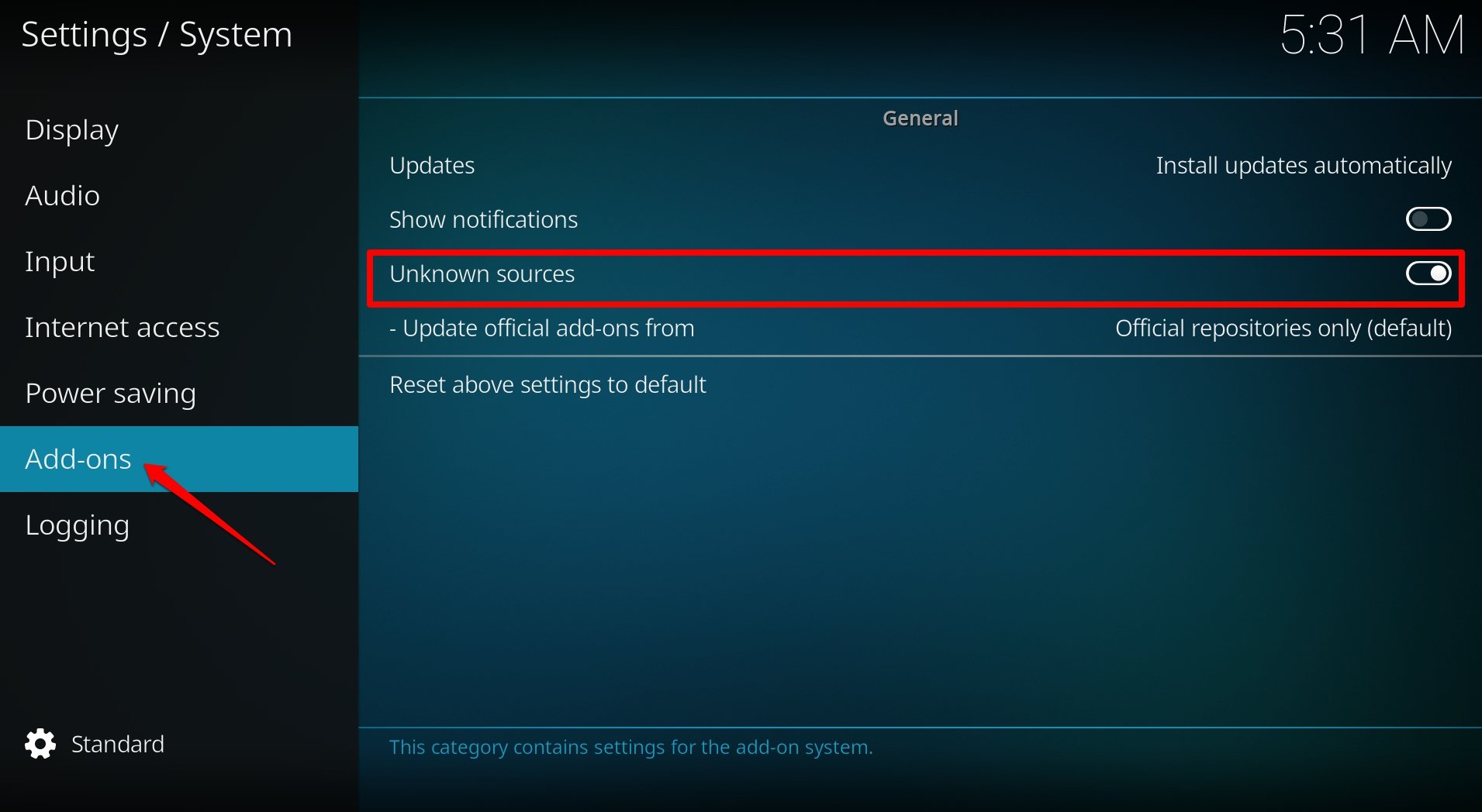 Разрешить установку аддонов из неизвестных источников в Kodi