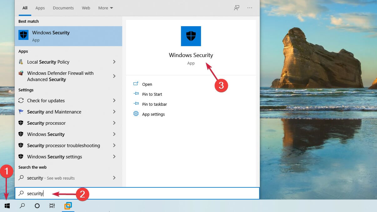 Windows Security — запуск через Поиск