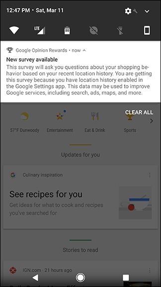 Уведомление об опросе в приложении Google Opinion Rewards