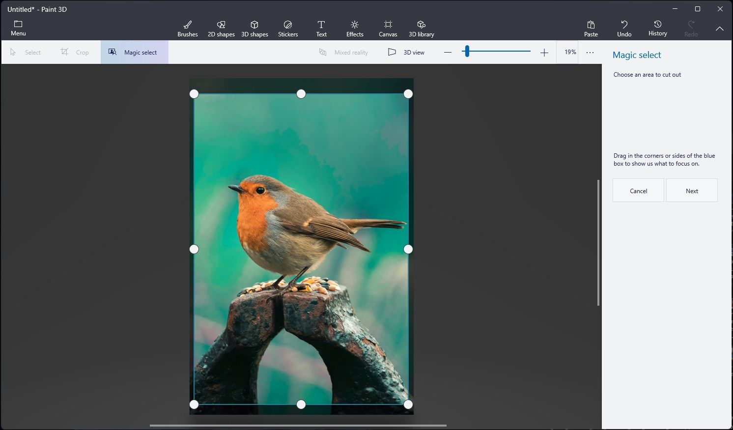 Paint 3D показывает область выделения для Magic select