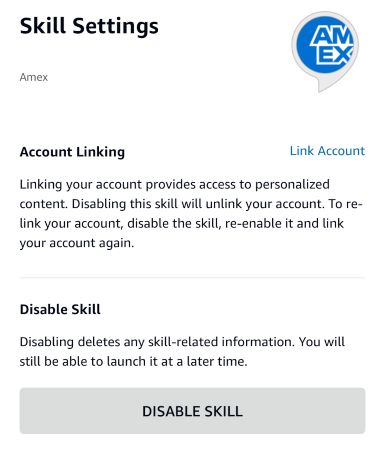 Кнопка «Отключить навык» в приложении Alexa для удаления доступа к счёту