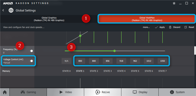 This is a screen capture of the Wattman settings with the voltage being tweaked.