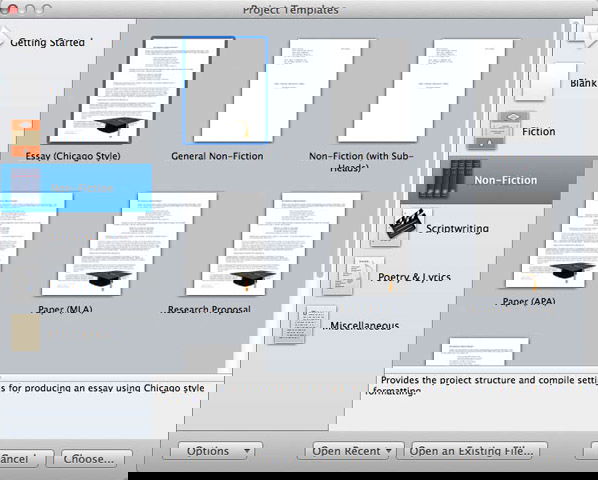 Вкладка шаблонов Scrivener, выделен General Non-Fiction
