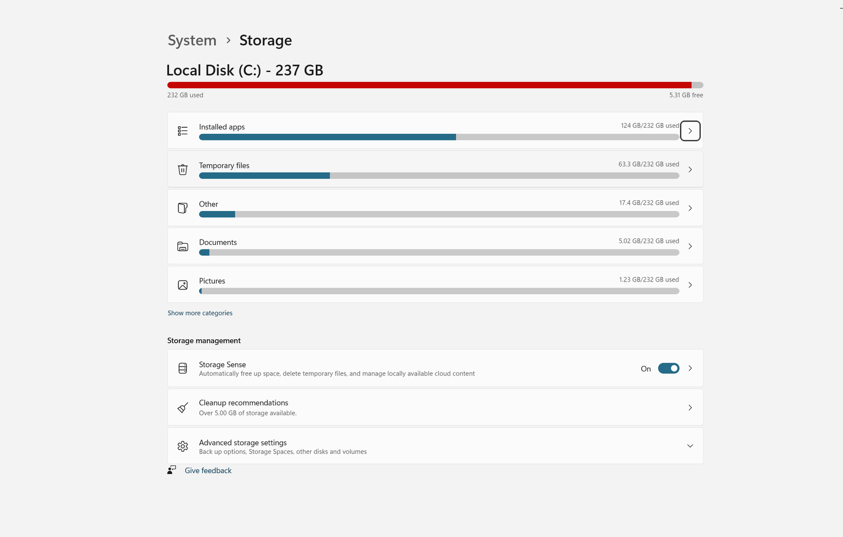 Storage features available in Windows 11.