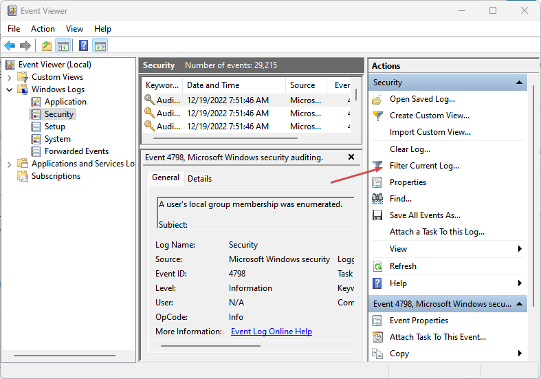 Окно фильтрации журнала событий