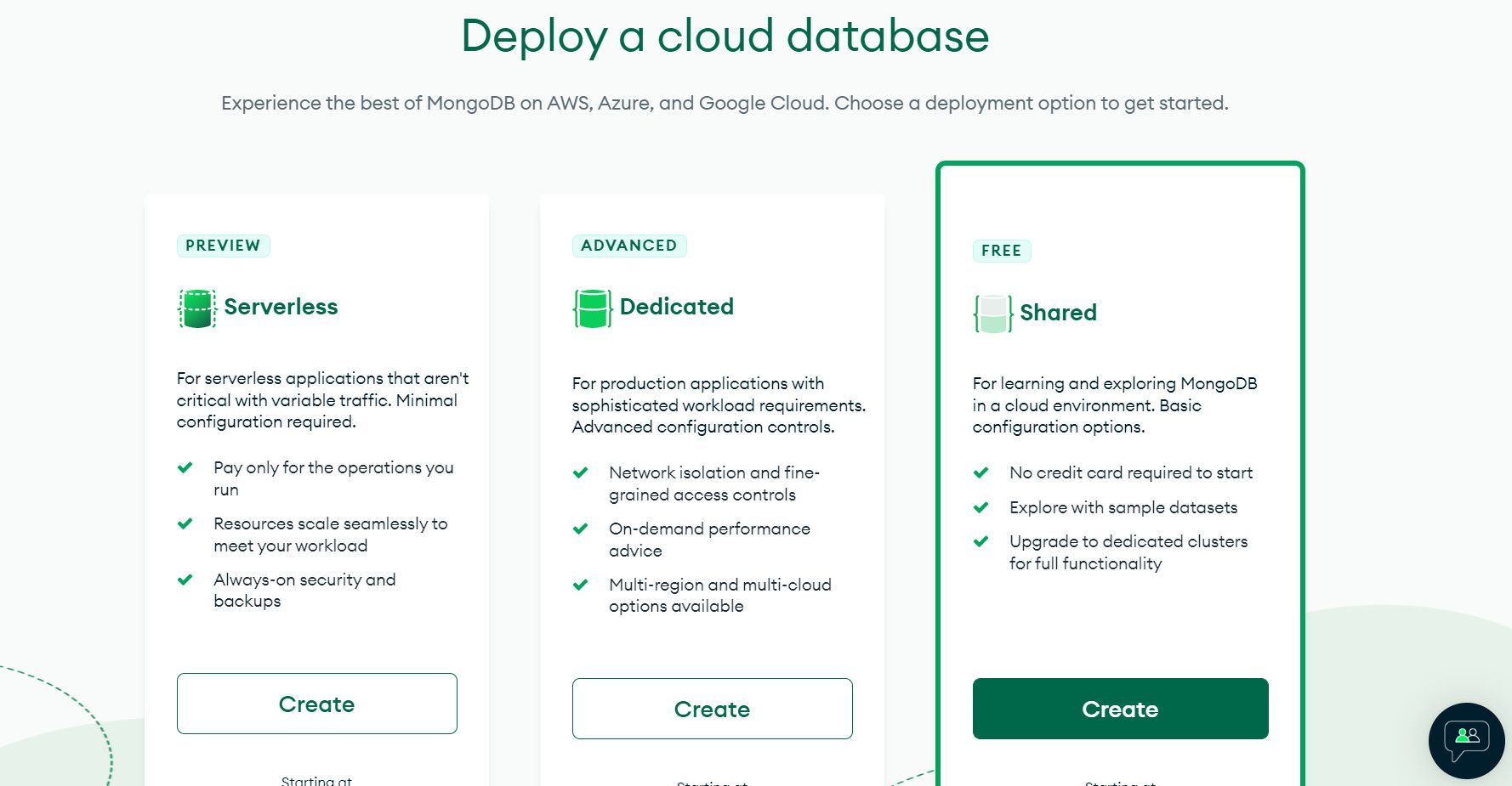 Страница выбора плана при создании кластера MongoDB Atlas