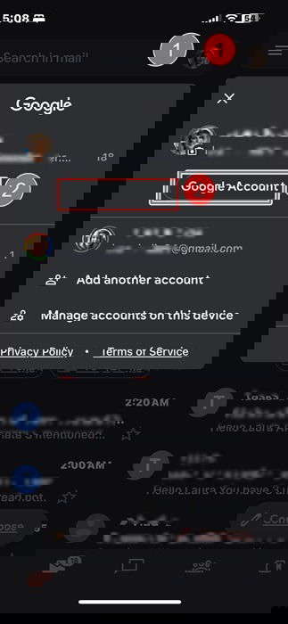 Скриншот: открытие настроек Gmail на iPhone через фотографию профиля.