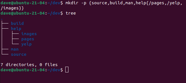 mkdir -p {source,build,man,help{/pages,/yelp,/images}} в окне терминала