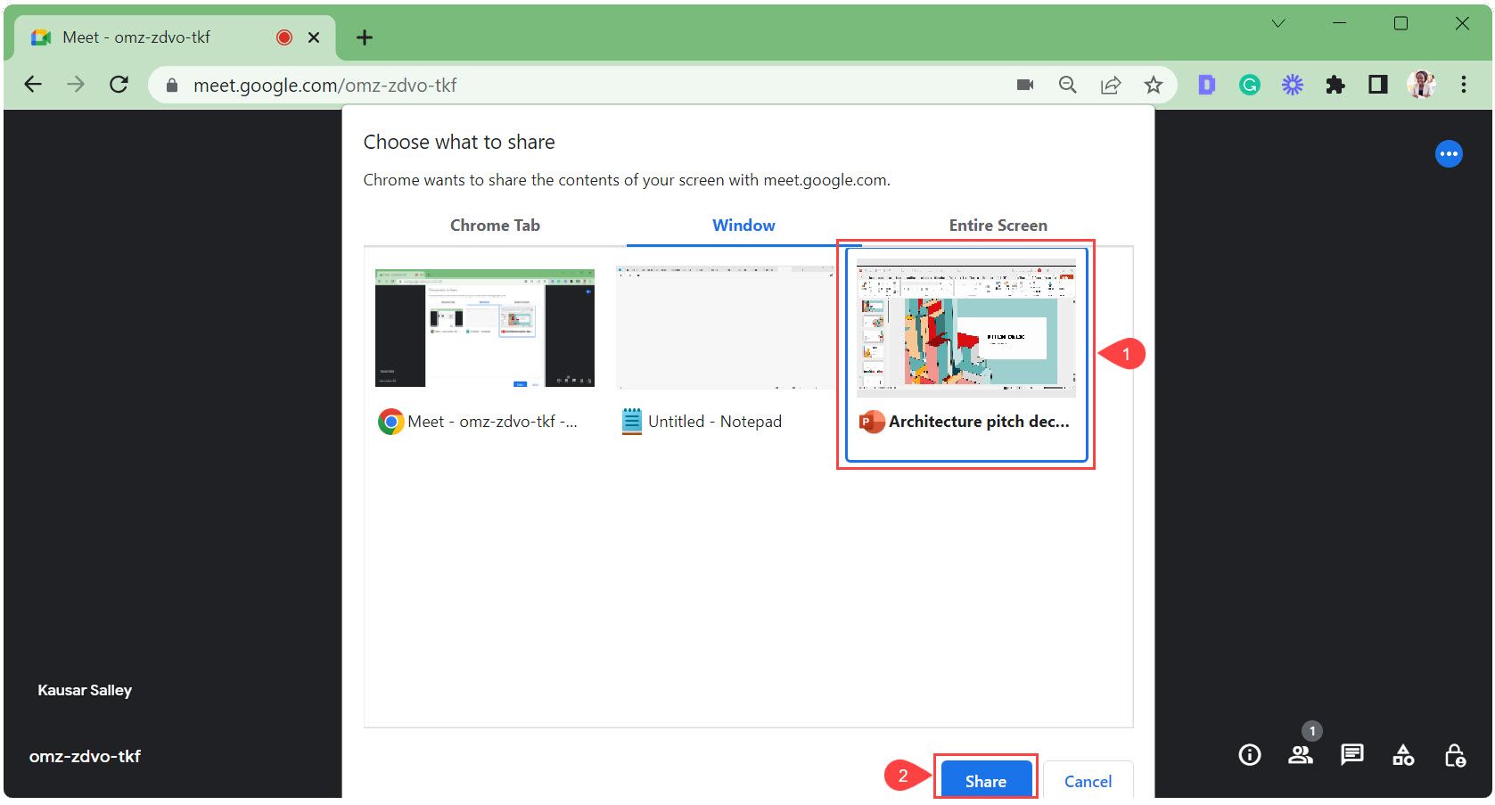 Выберите окно PowerPoint и нажмите Поделиться