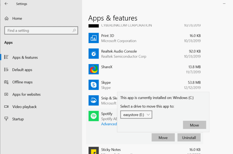 Выбор диска для перемещения приложения