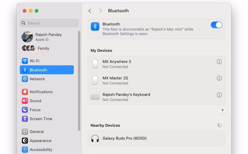 Окно настроек Bluetooth в macOS с Galaxy Buds Pro в списке