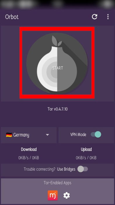 Изображение: запуск Orbot и индикатор статуса соединения