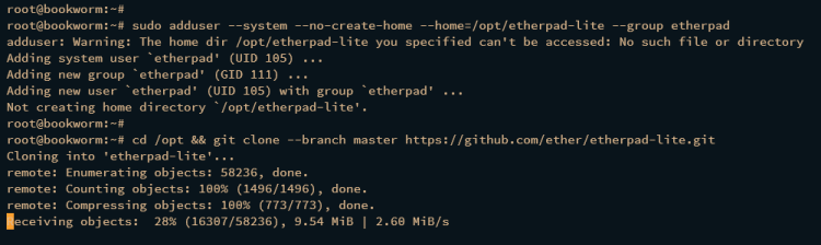 Создание пользователя и скачивание Etherpad