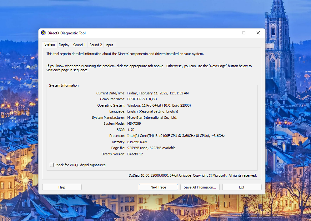 Окно dxdiag с информацией о версии DirectX