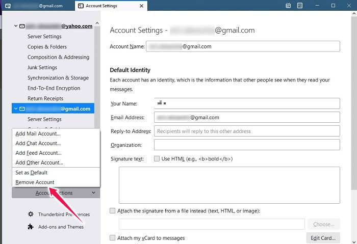 Подтверждение удаления аккаунта в Thunderbird