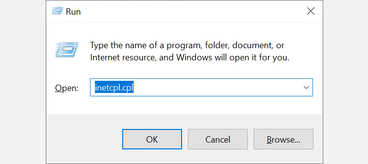 Окно «Выполнить» с командой inetcpl.cpl