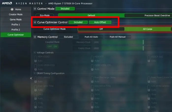 Снимок: включён Auto Offset для Curve Optimizer