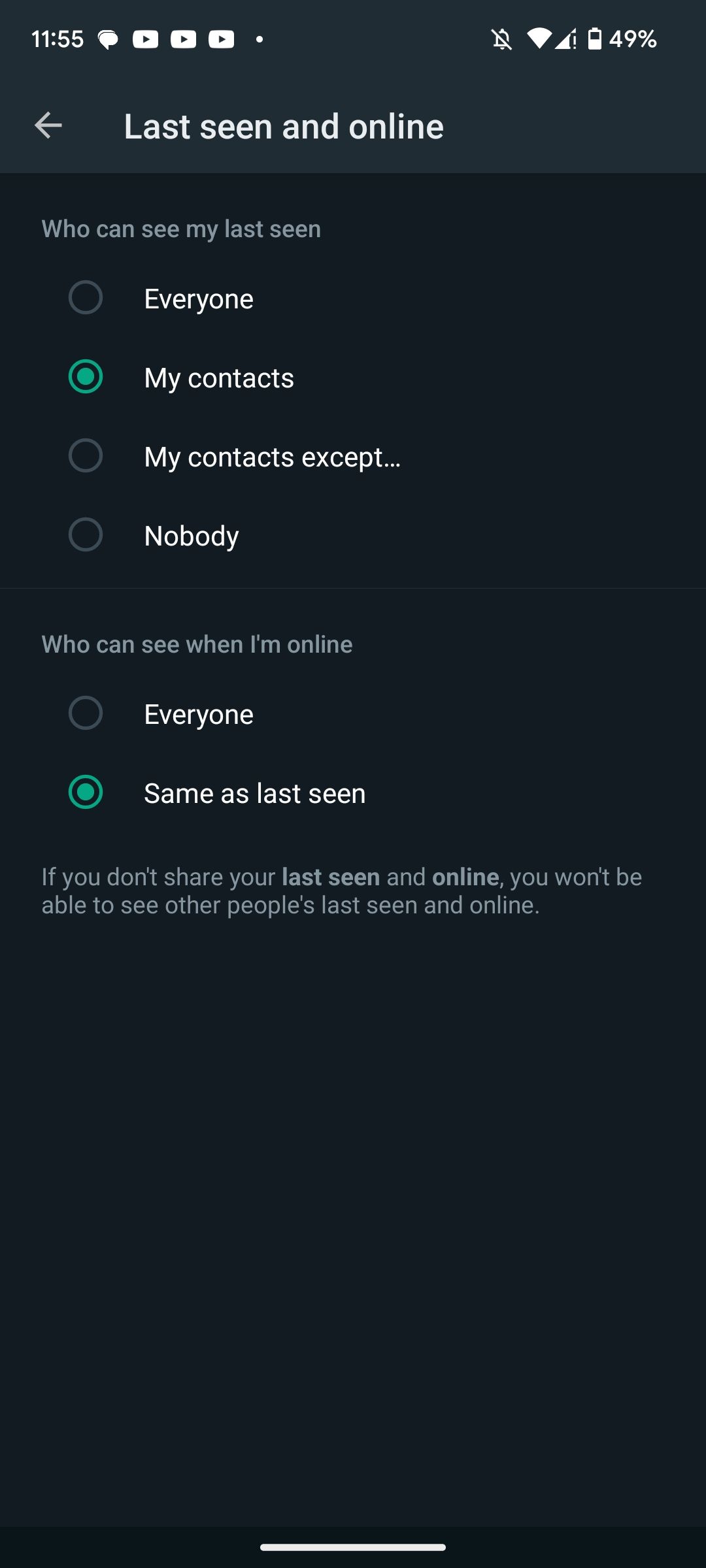 Настройка видимости статуса Последний визит и онлайн в WhatsApp