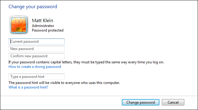 Диалог смены пароля в Windows 7