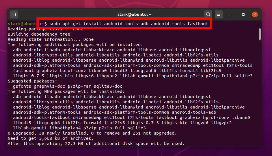Terminal: Installation der Platform Tools mit apt-get