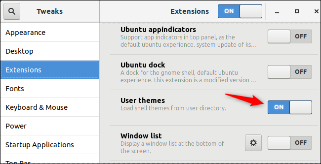 Включение расширения User Themes в Tweaks