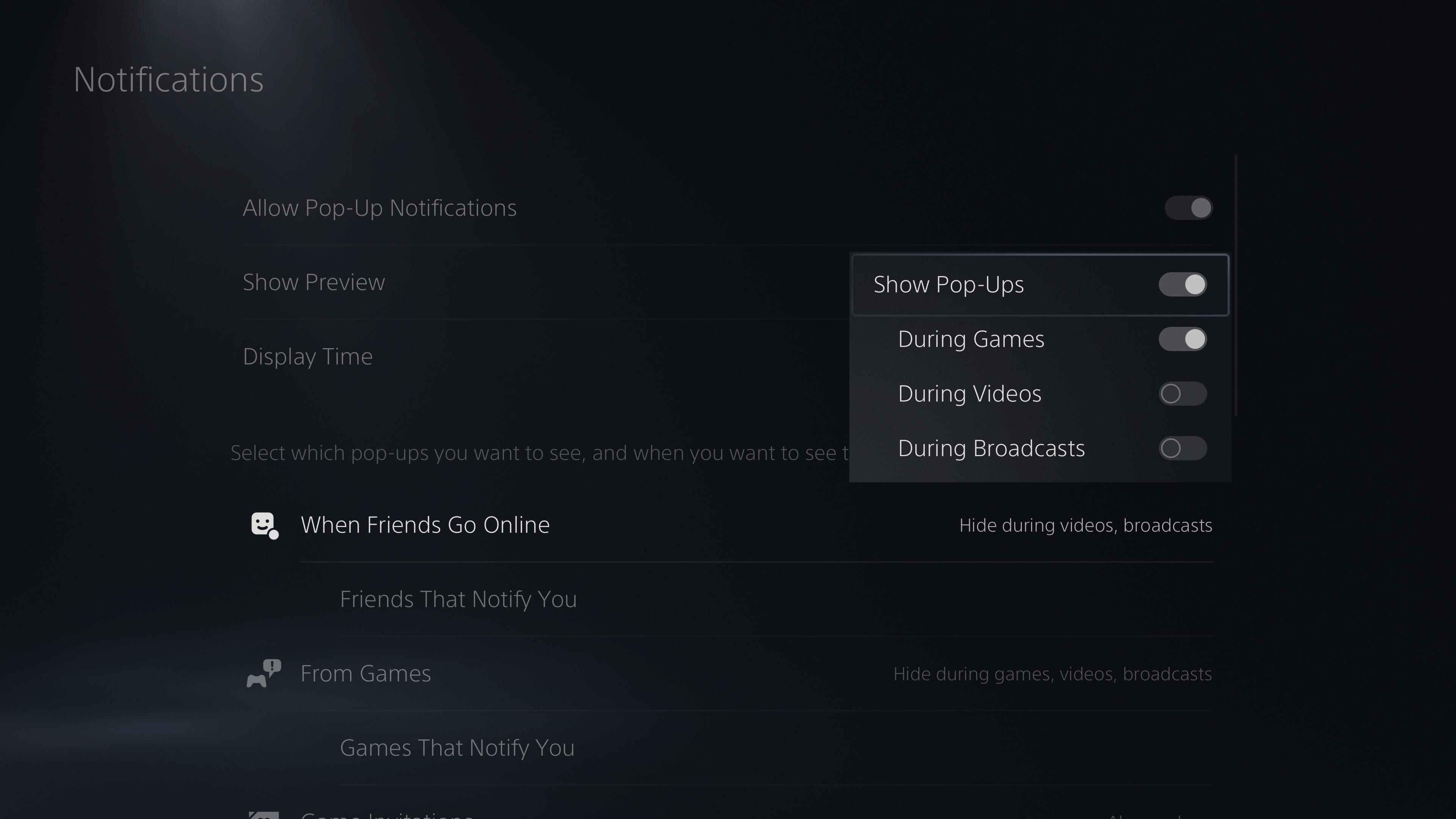 Опции уведомлений на PS5