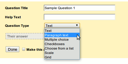 Добавление первого вопроса и выбор типа поля