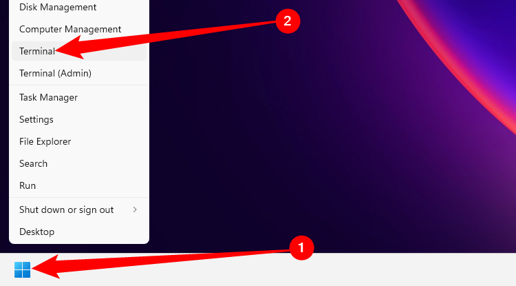 Нажмите правой кнопкой на кнопку «Пуск», затем выберите «Терминал» в Windows 11 или «PowerShell» в Windows 10.