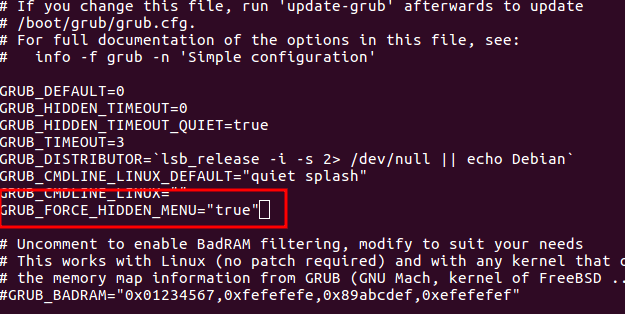 Пример скрытого меню GRUB, показывается при нажатии клавиши