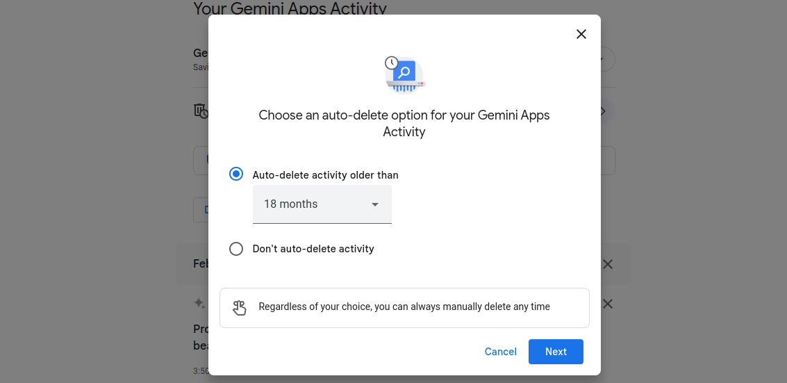 Меню изменения функции автоудаления в приложениях Google Gemini.