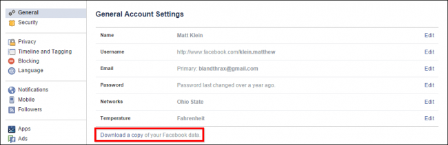 Ссылка загрузки копии данных аккаунта