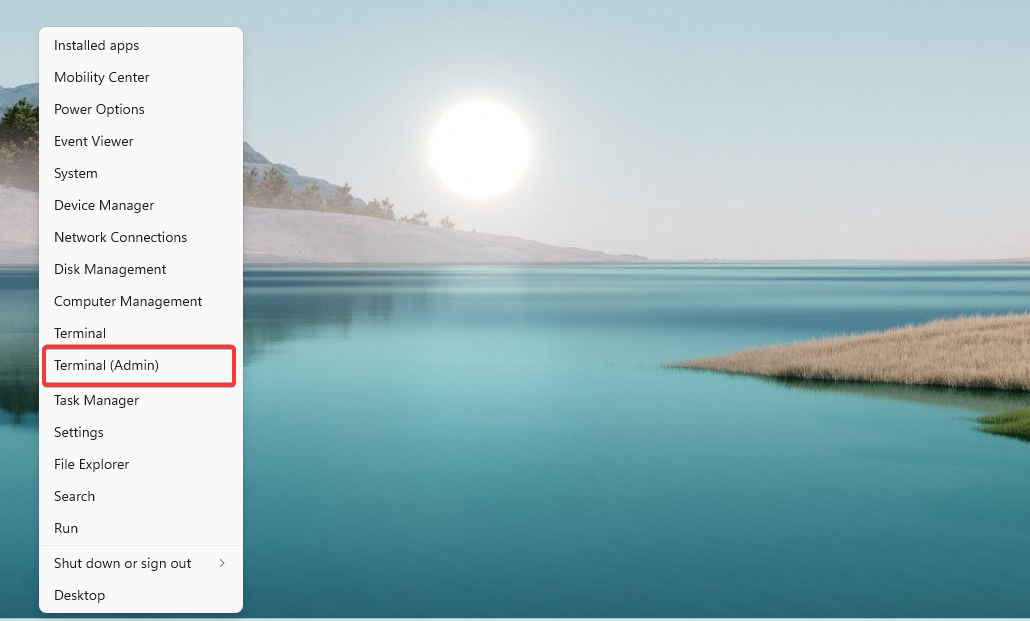 Меню Win+X с опцией запуска командной строки от администратора