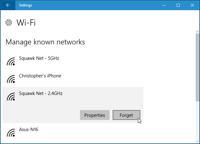 Опция Заб忘ить для сохранённой сети