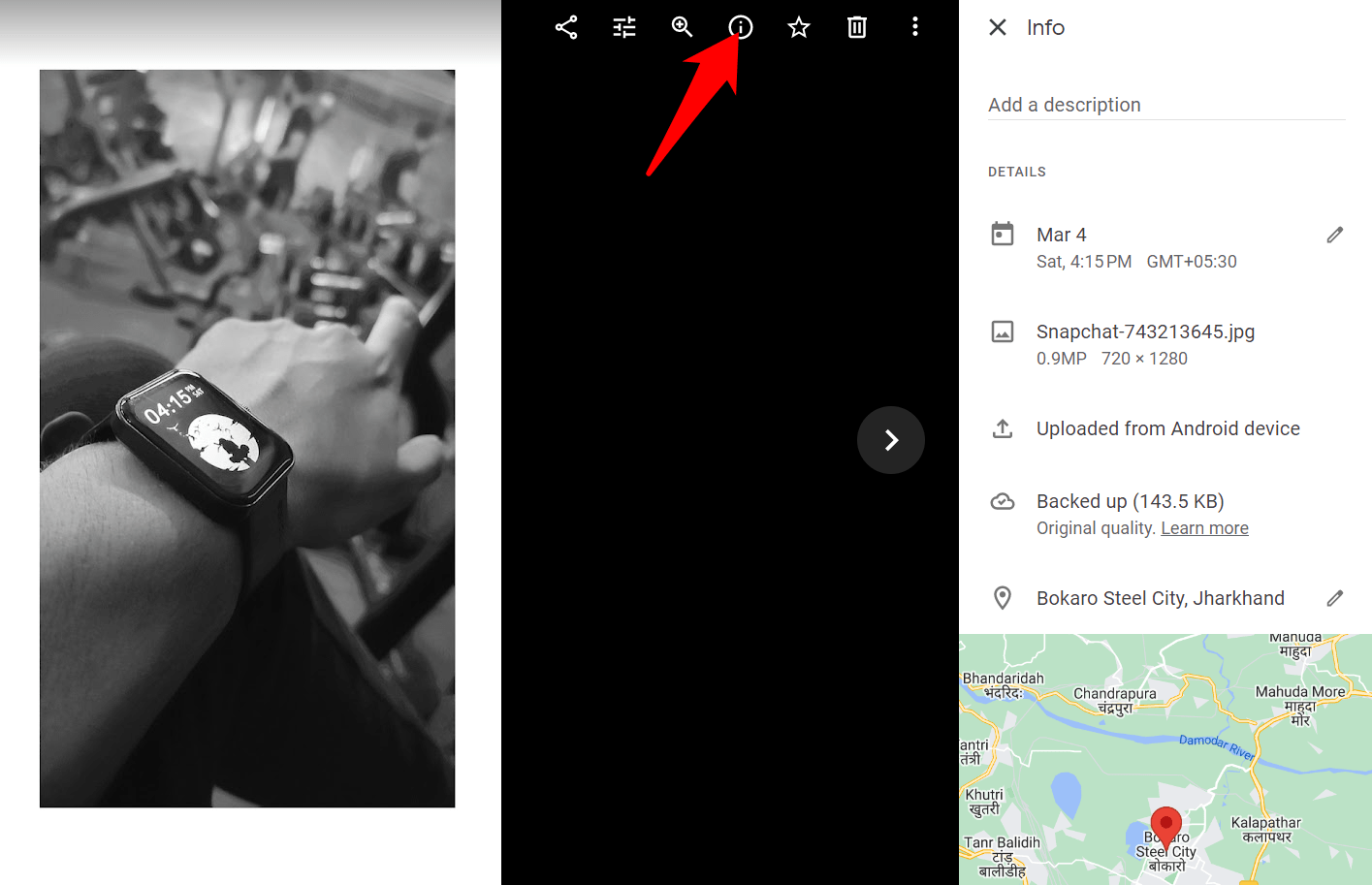 Интерфейс Google Photos — информация о фото и местоположении