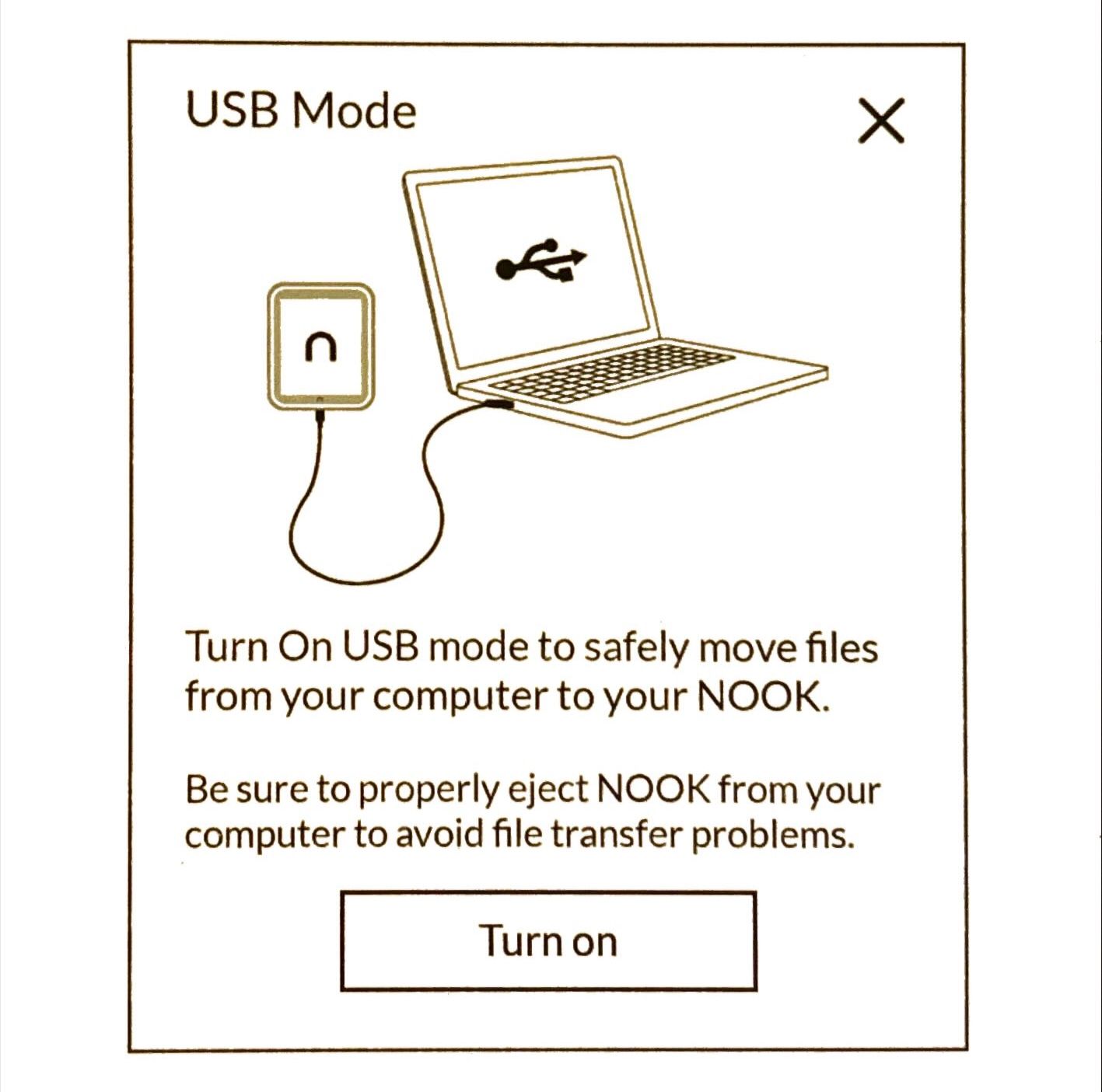 Сообщение о режиме USB на Nook.