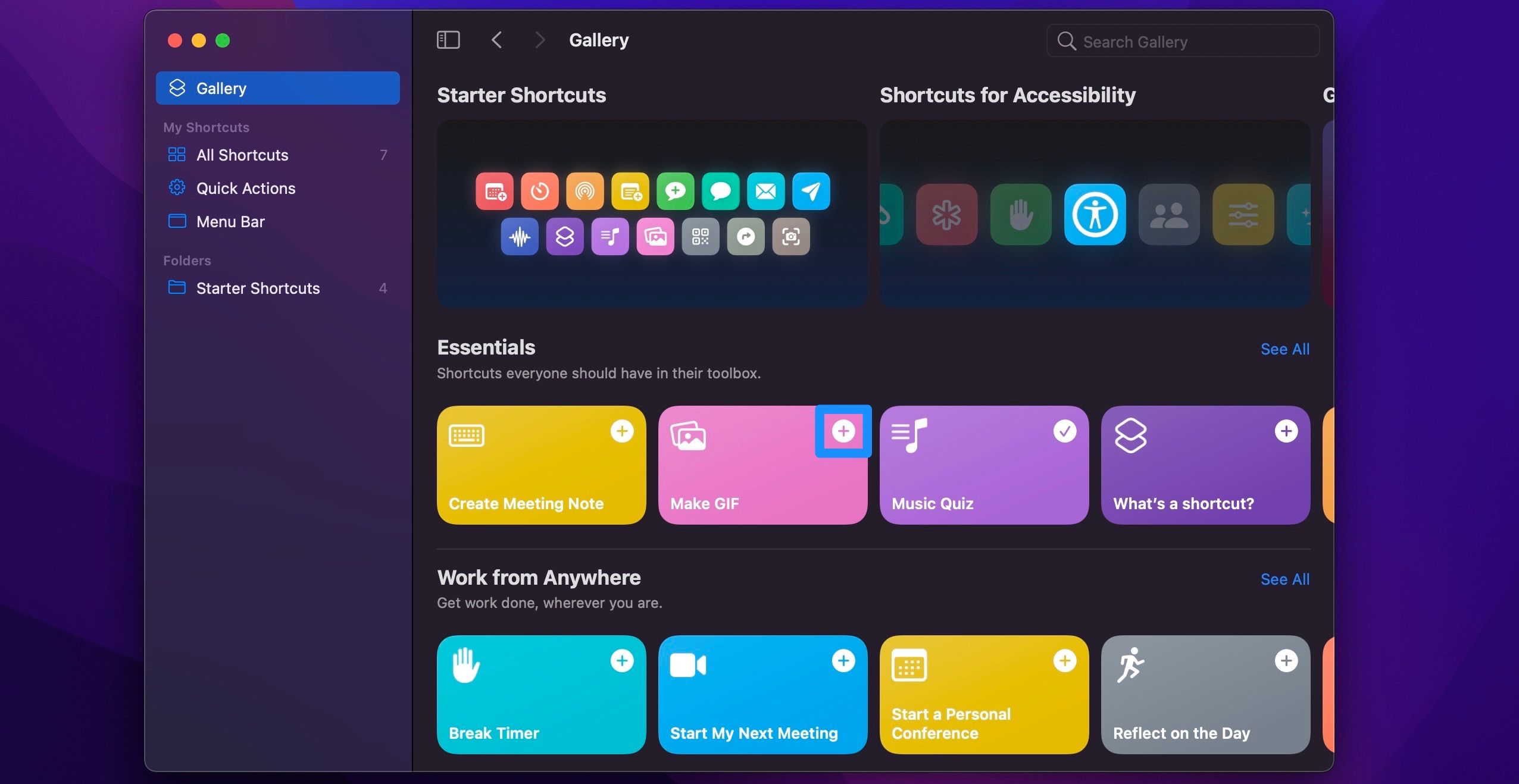 Галерея ярлыков в macOS Monterey