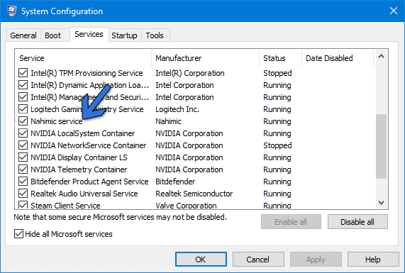 Вкладка службы в System Configuration с опцией скрыть сервисы Microsoft